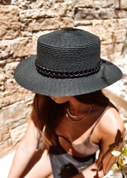 Arte Piedi Aperol Γυναικείο Καπέλο Ψάθινο Τύπου Πάναμα με Διακοσμητική Αλυσίδα, Μαύρο